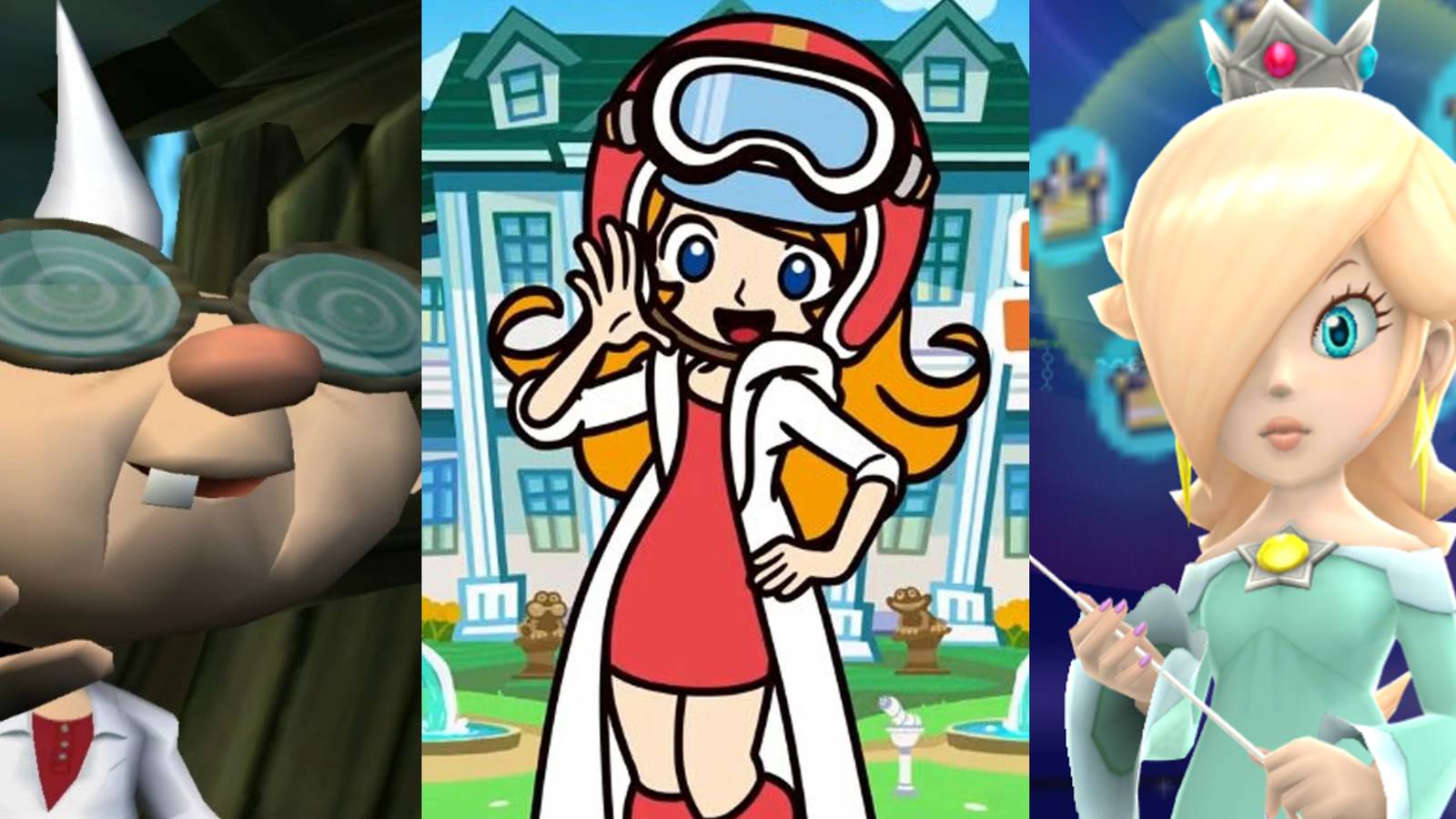 Professor E. Gadd appearing by his shack in Luigi's Mansion; Mona waving in WarioWare Get It Together; Rosalina with her wand in the Comet Observatory 