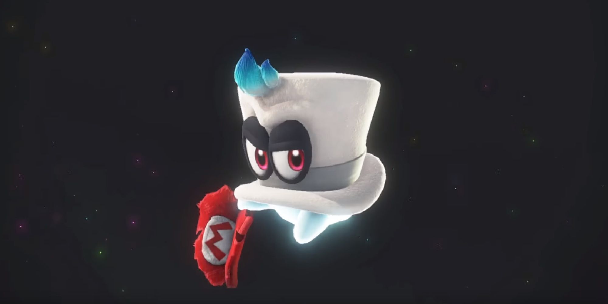 Cappy holding the remains of Mario's hat in Super Mario Odyssey
