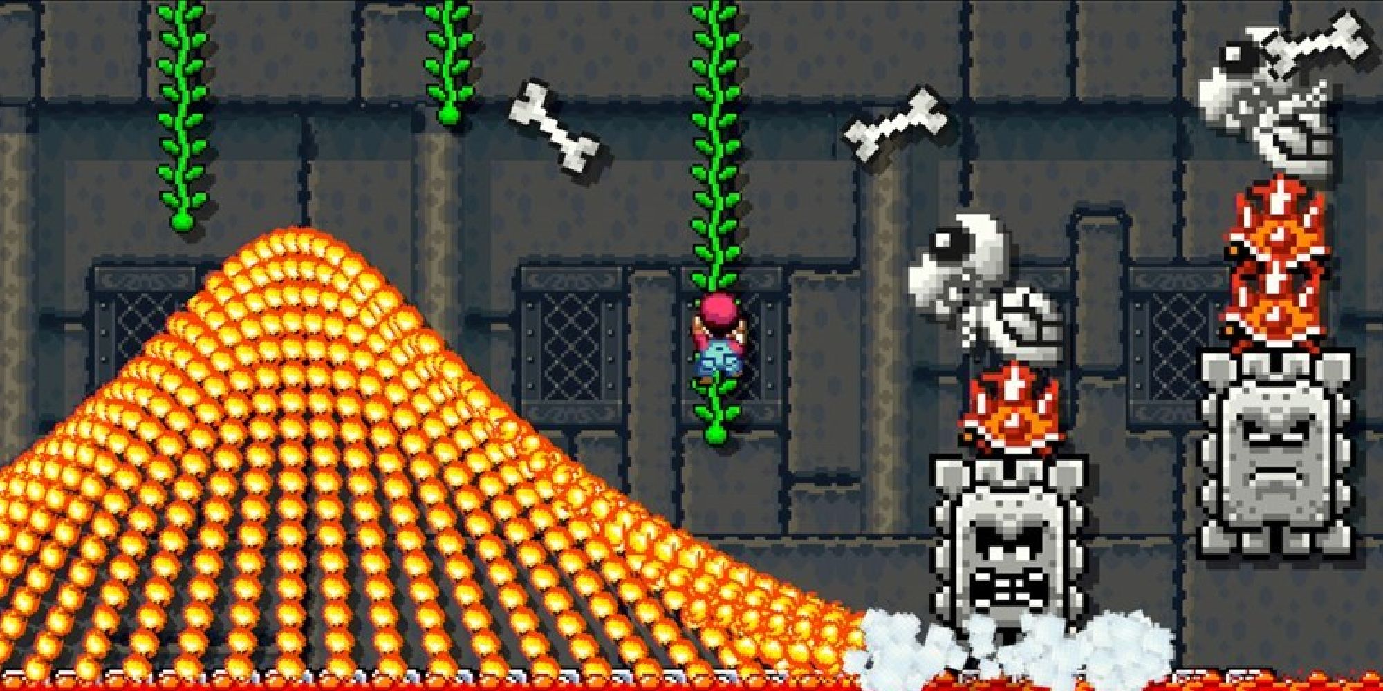 An impossible Super Mario World level with lava bars and Thwomps from Super Mario Maker