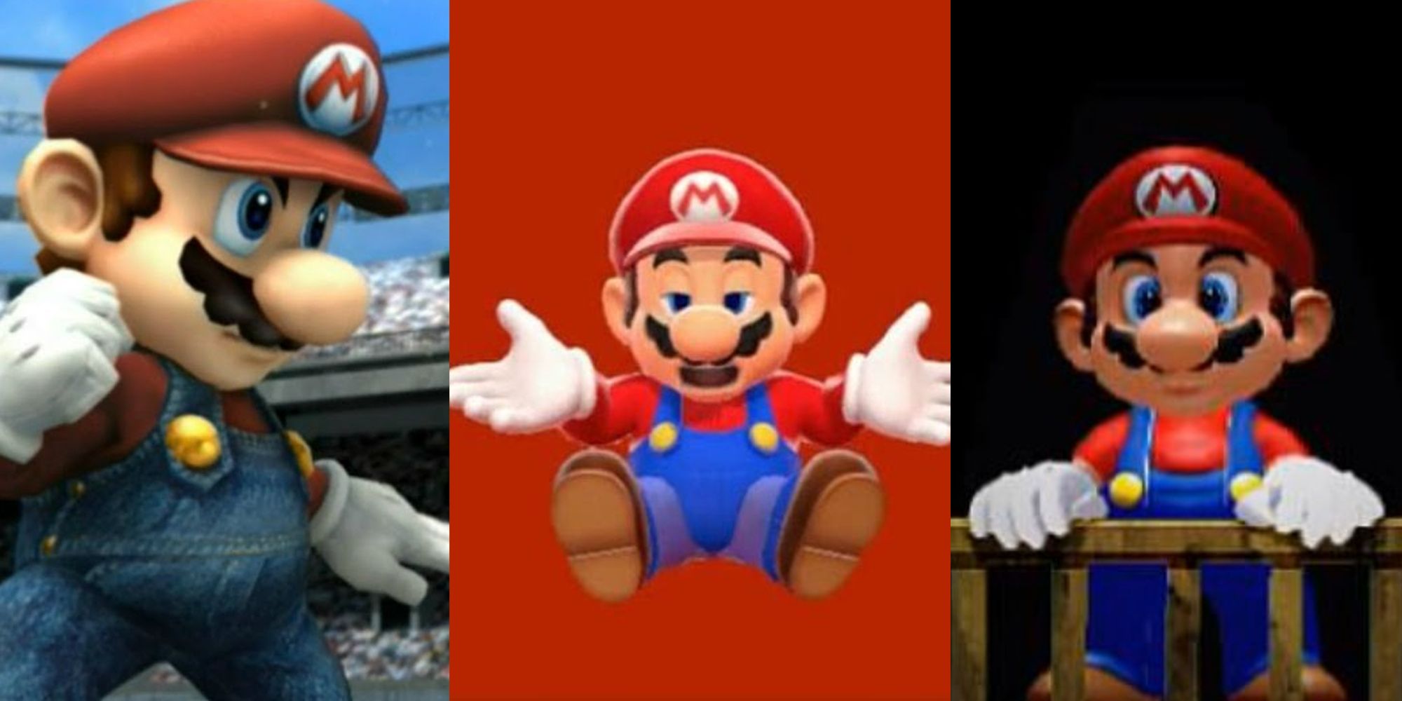 Mario striking a power pose in The Subspace Emissary; Mario on a game over screen in 3D World; Mario standing court in Sunshine