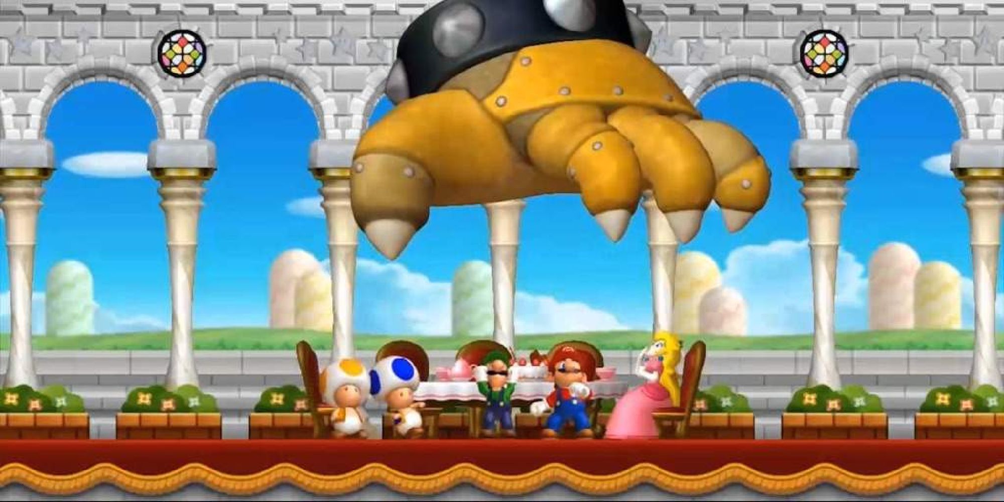 Mario, Luigi, and two Toads watching Bowser capture Peach with a mecha in New Super Mario Bros Wii