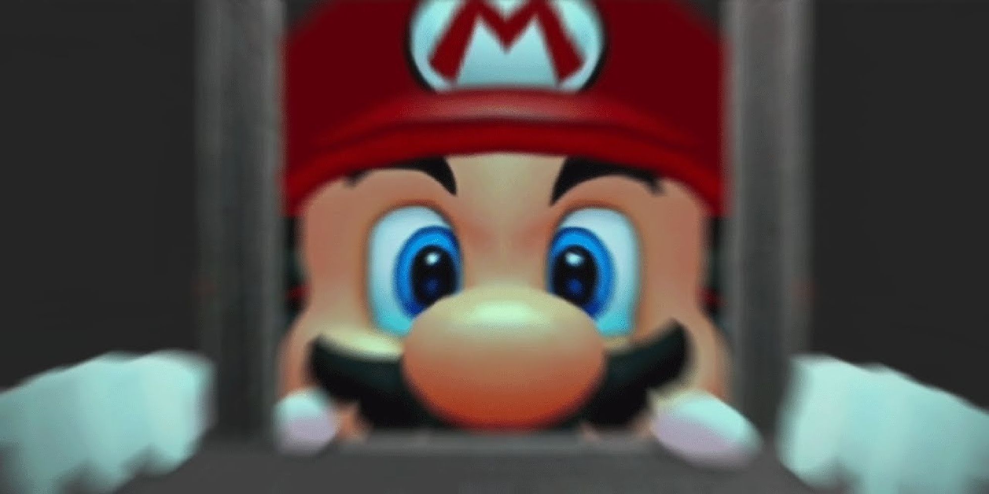 Mario behind jail bars in a cinematic from Super Mario Sunshine