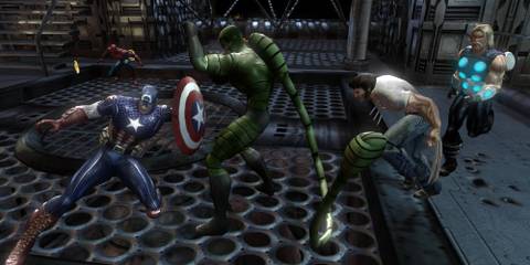 Captain America, Wolverine, Thor, and Spider-Man fighting Scorpion in Marvel Ultimate Alliance