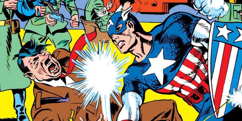 Captain America punching Hitler while Nazis shoot at him from a comic book cover
