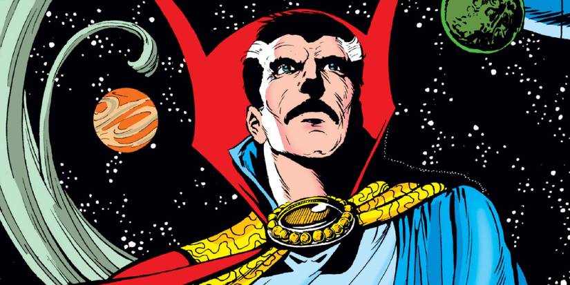 Doctor Strange on a comic book cover in front of the galaxy