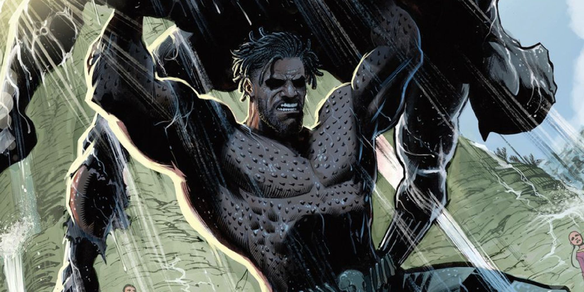 A shirtless Erik Killmonger holding up the Black Panther in battle