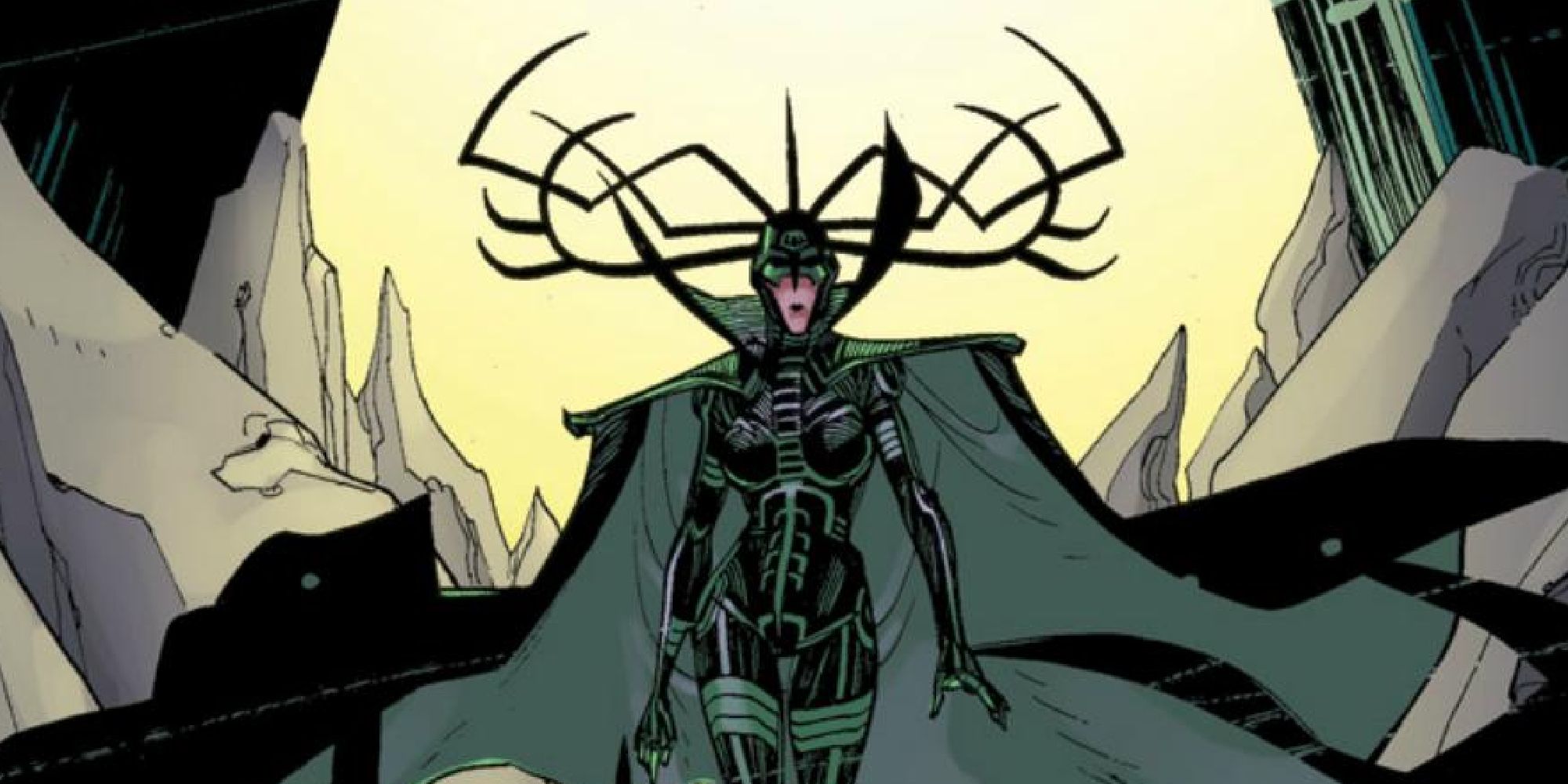 Hela walking through a canyon with her suit and helmet on