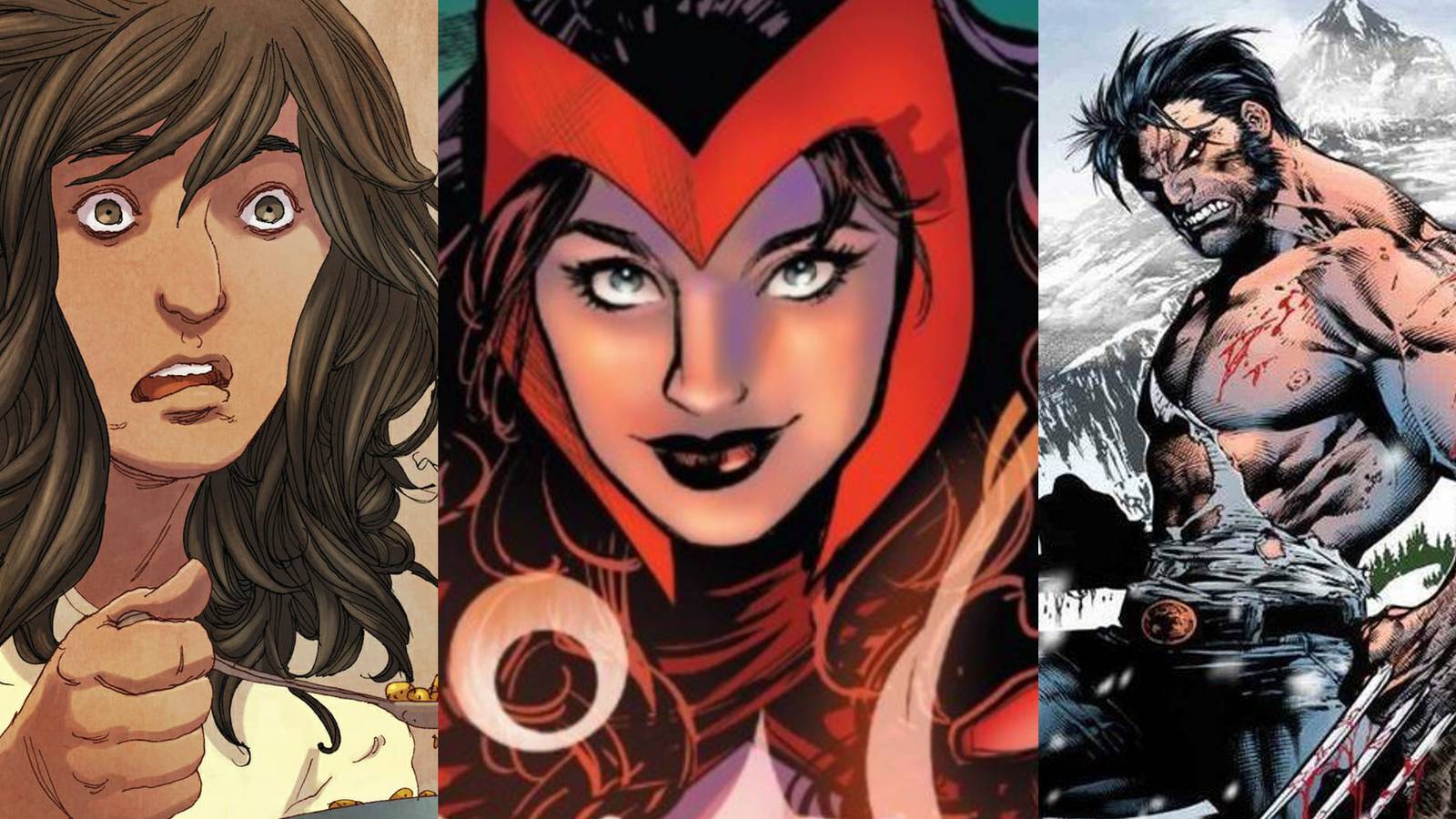 Kamala Khan eating cereal with ruffled hair; Wanda Maximoff smiling in her Scarlet Witch attire; Logan with claws out, bleeding after a fight in the snow