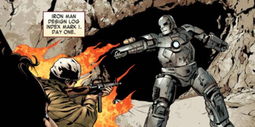 Tony Stark in the original Iron Man Mark I suit shooting a flamethrower at terrorists