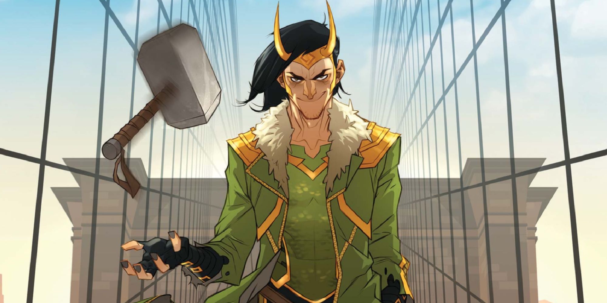 Loki walking across a bridge smiling and tossing Mjolnir