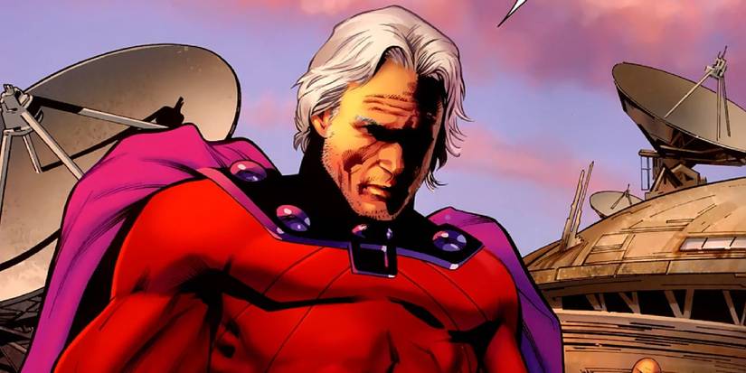 Magneto with his helmet off sitting on a building at sundown