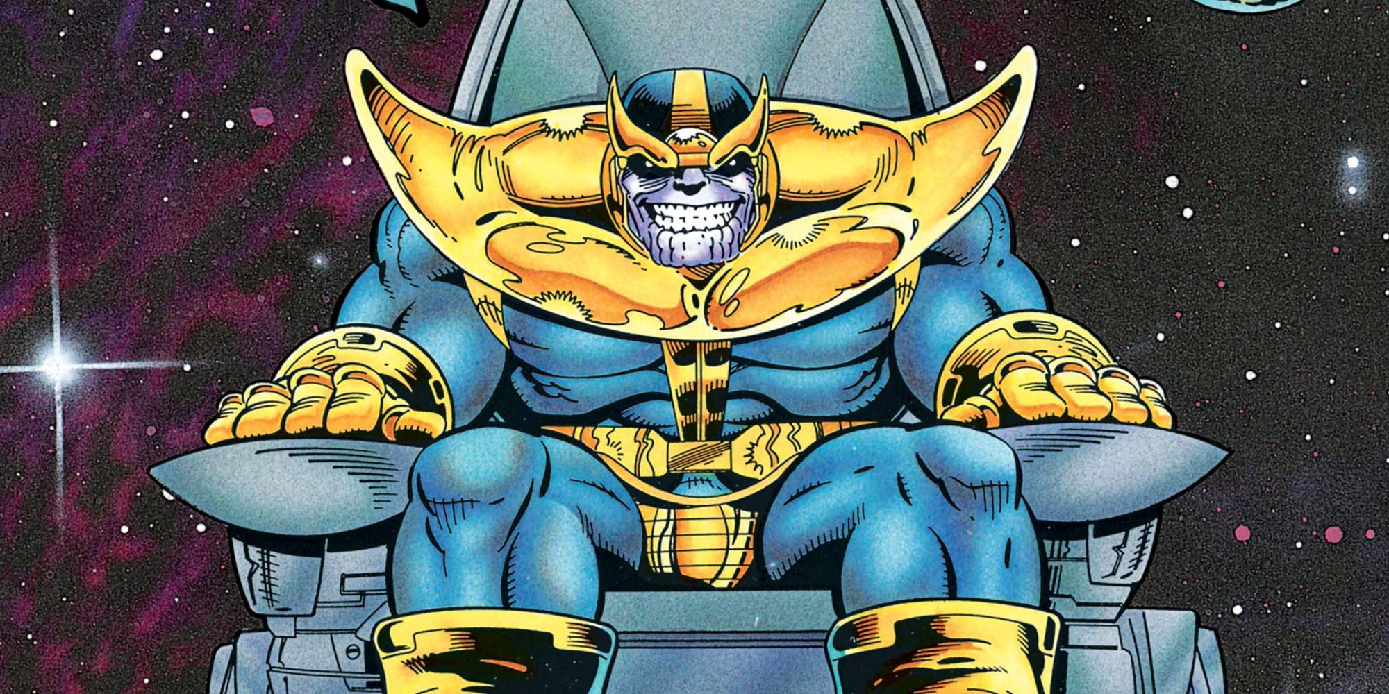 Thanos smiling and sitting on a throne in outer space