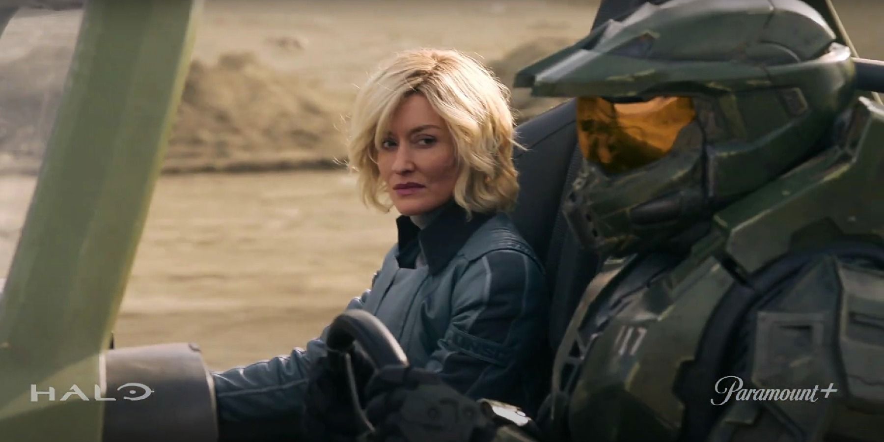 Master Chief driving Dr. Catherine Halsey in Warthog