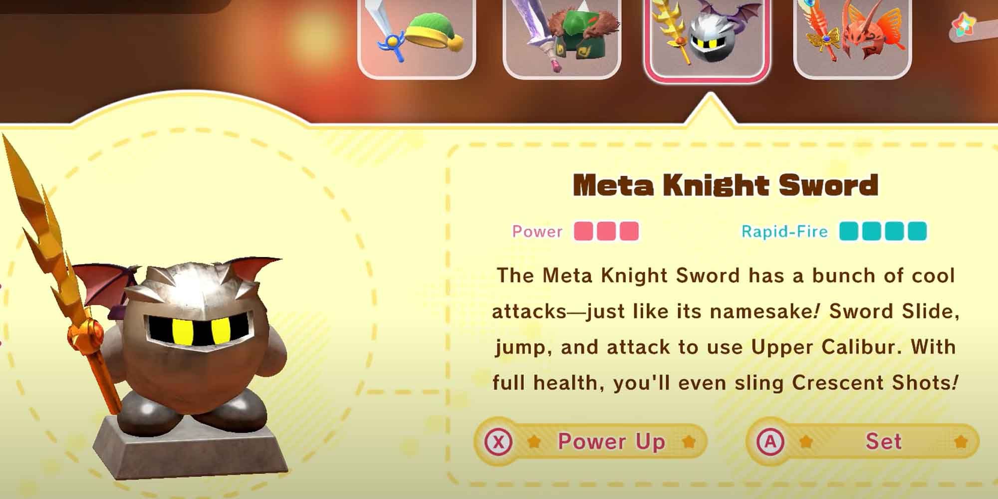 The Meta Knight Sword upgrade for the Sword copy ability in Kirby and the Forgotten Land