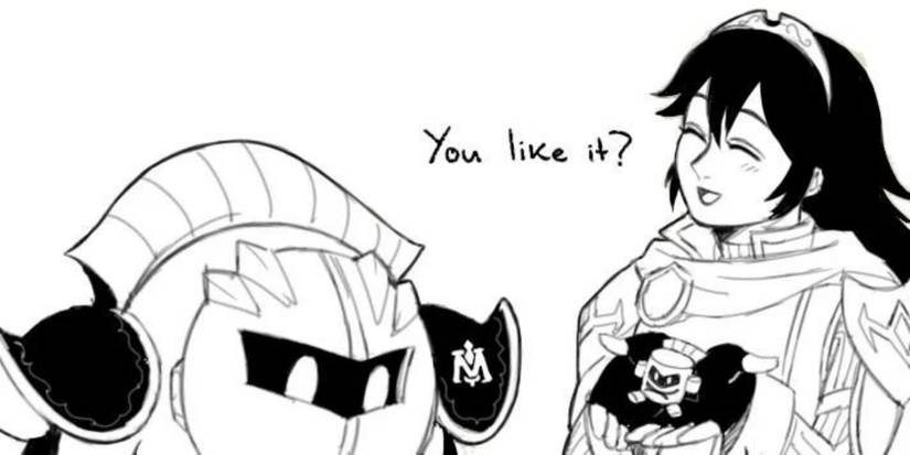 Lucina (right) asks Meta Knight (left) if she likes the Marshmallow version of him that she made.