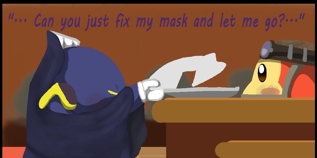 Meta Knight (left) presenting his mask to Kappy shopkeeper (right).