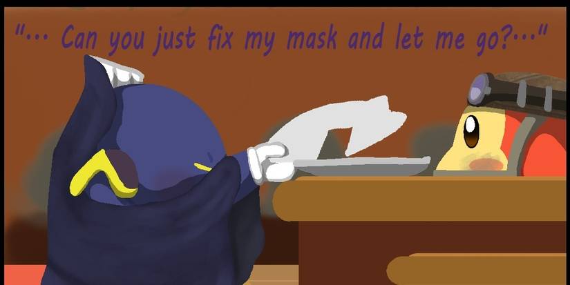 Meta Knight (left) presenting his mask to Kappy shopkeeper (right).