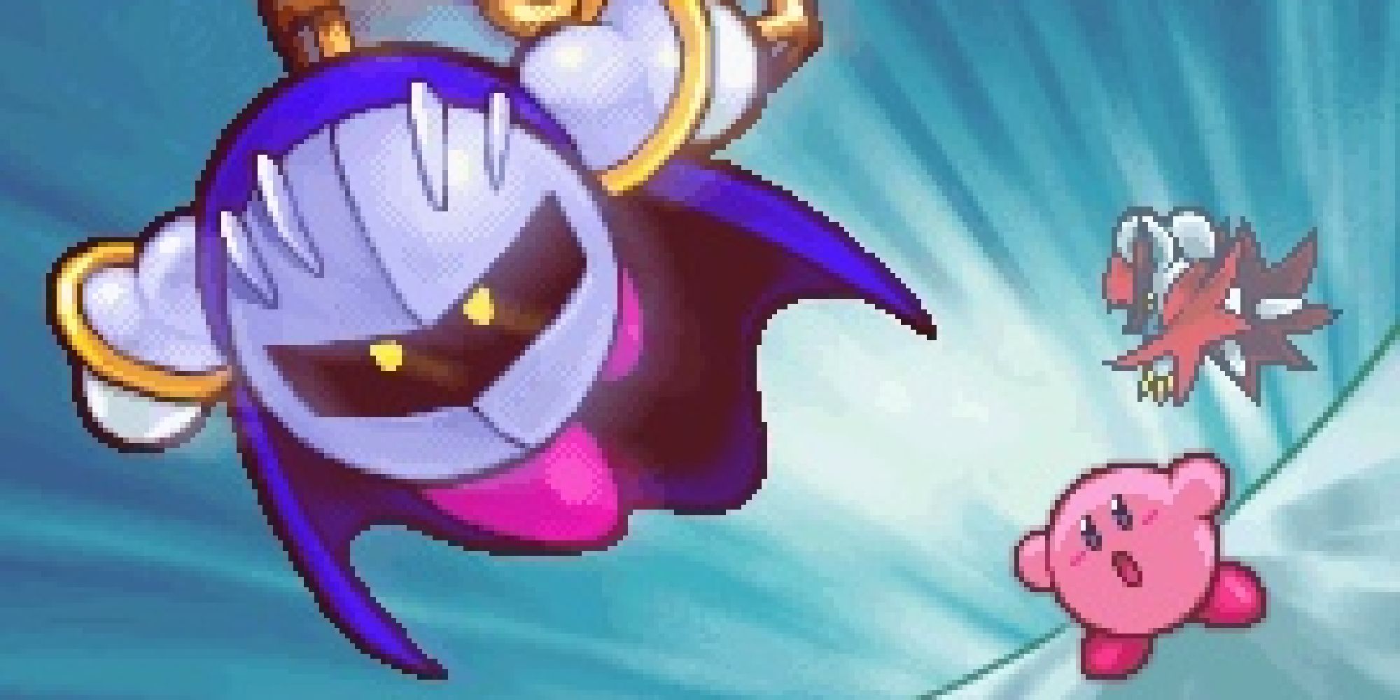 Meta Knight stealing a treasure chest from Kirby in a cinematic from Squeak squad