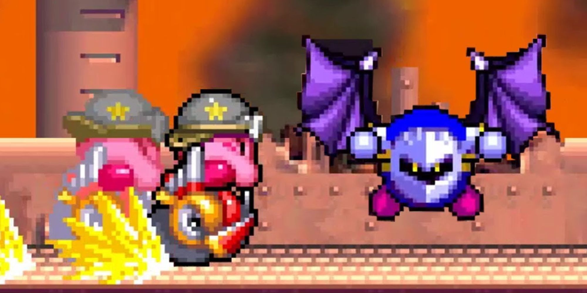 Kirby riding a Wheel enemy during a boss fight with Meta Knight in Super Star Ultra