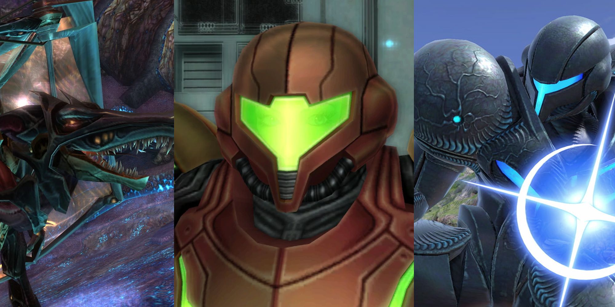Omega Ridley in Metroid Prime 3: Corruption; Samus wearing her Power Suit in Metroid Prime; Dark Samus charging its cannon in Super Smash Bros Ultimate