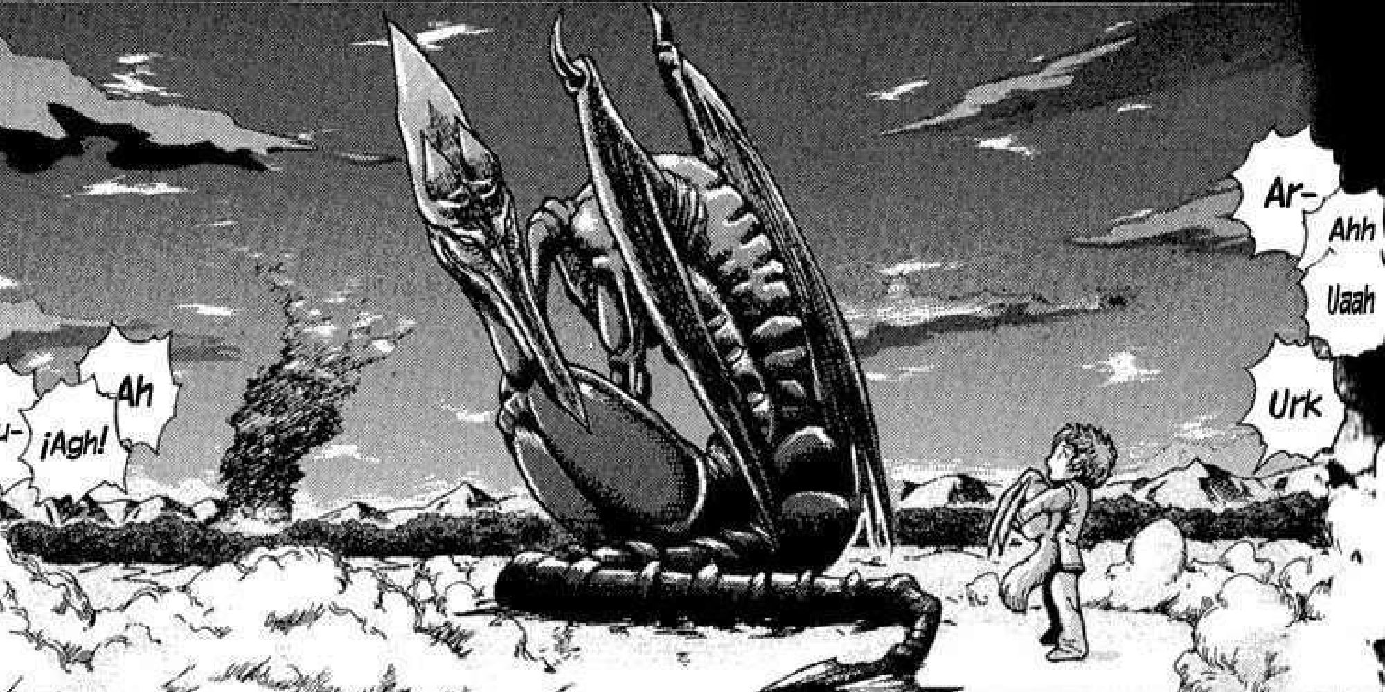 A Metroid manga panel where a young Samus approaches Ridley