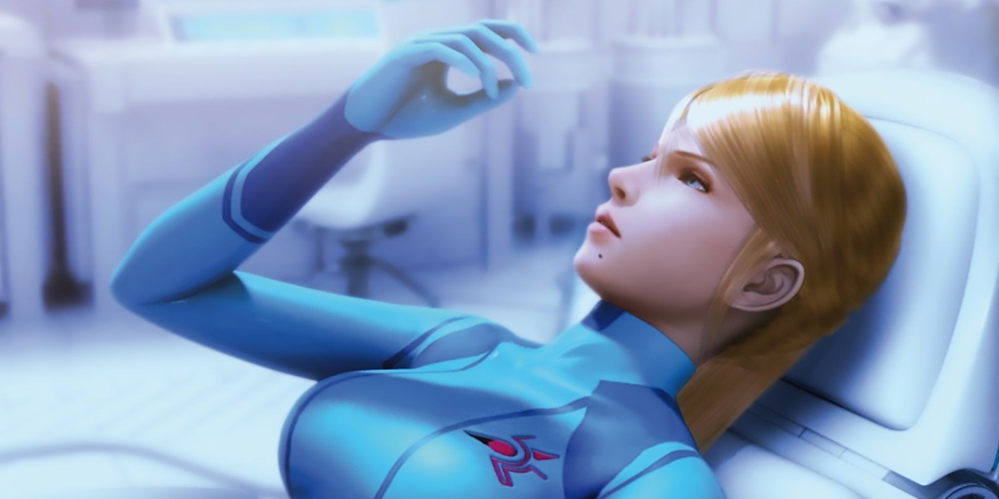 Samus in her Zero Suit lying in a lab room from a cutscene in Other M
