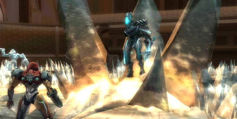 Samus watching Rundas be impaled by ice spikes in Metroid Prime 3