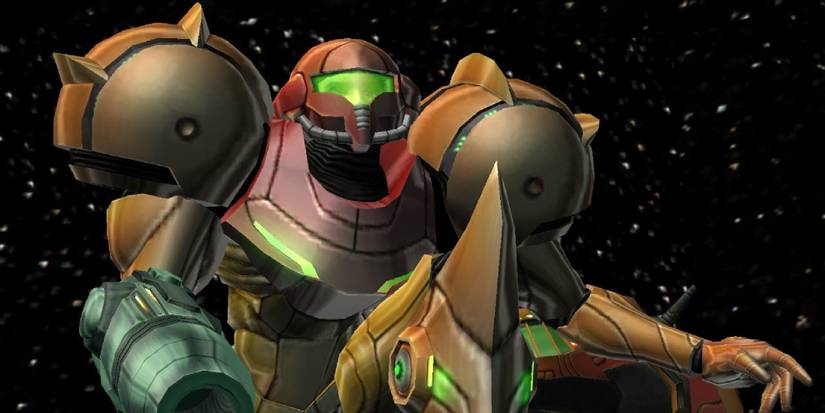 Samus kneeling in her Varia Suit from Metroid Prime