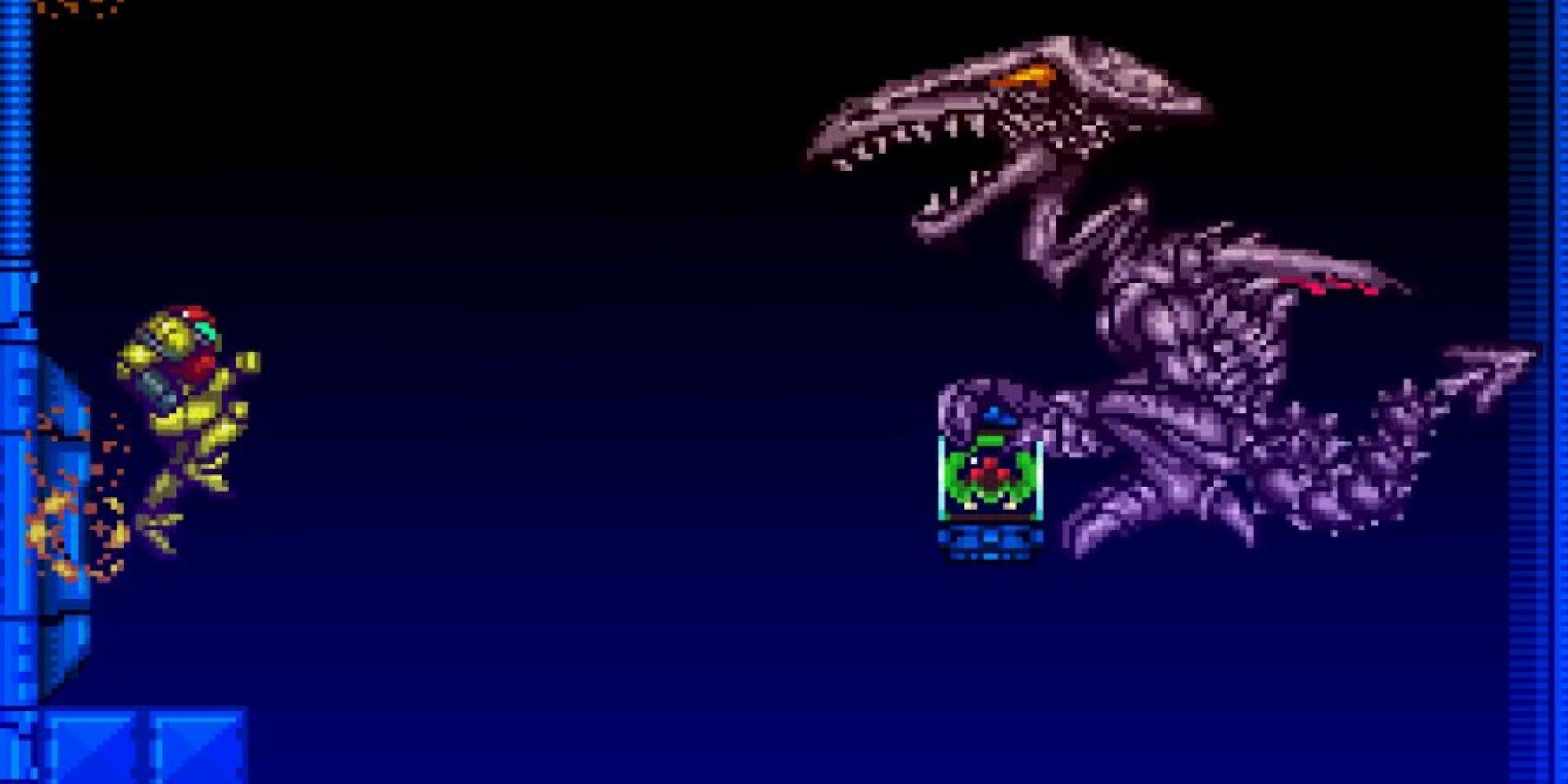Samus attacking Ridley in Super Metroid after he's kidnapped the Baby