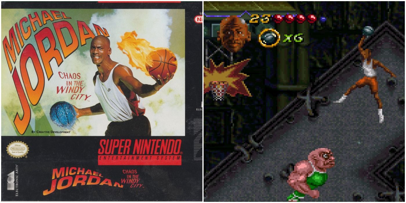 Michael Jordan Chaos in Windy City SNES split image of box art and Jodran leaping to dunk over monster