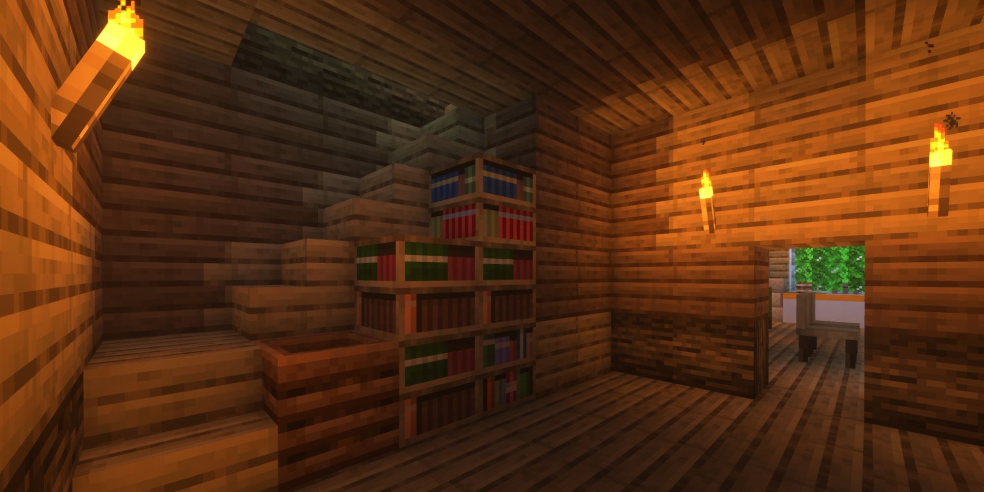 Minecraft bookshelves next to a staircase