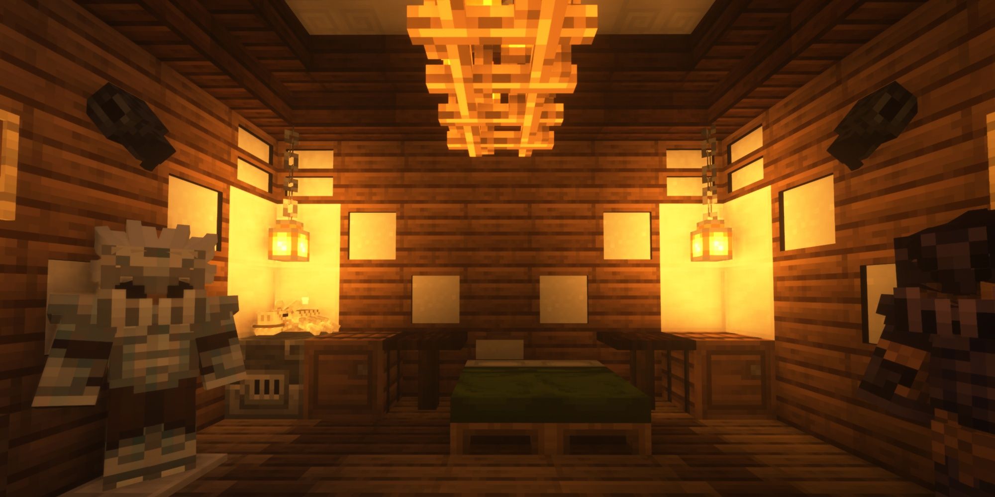 A Minecraft bedroom with walls and ceilings with many wall and ceiling decorations