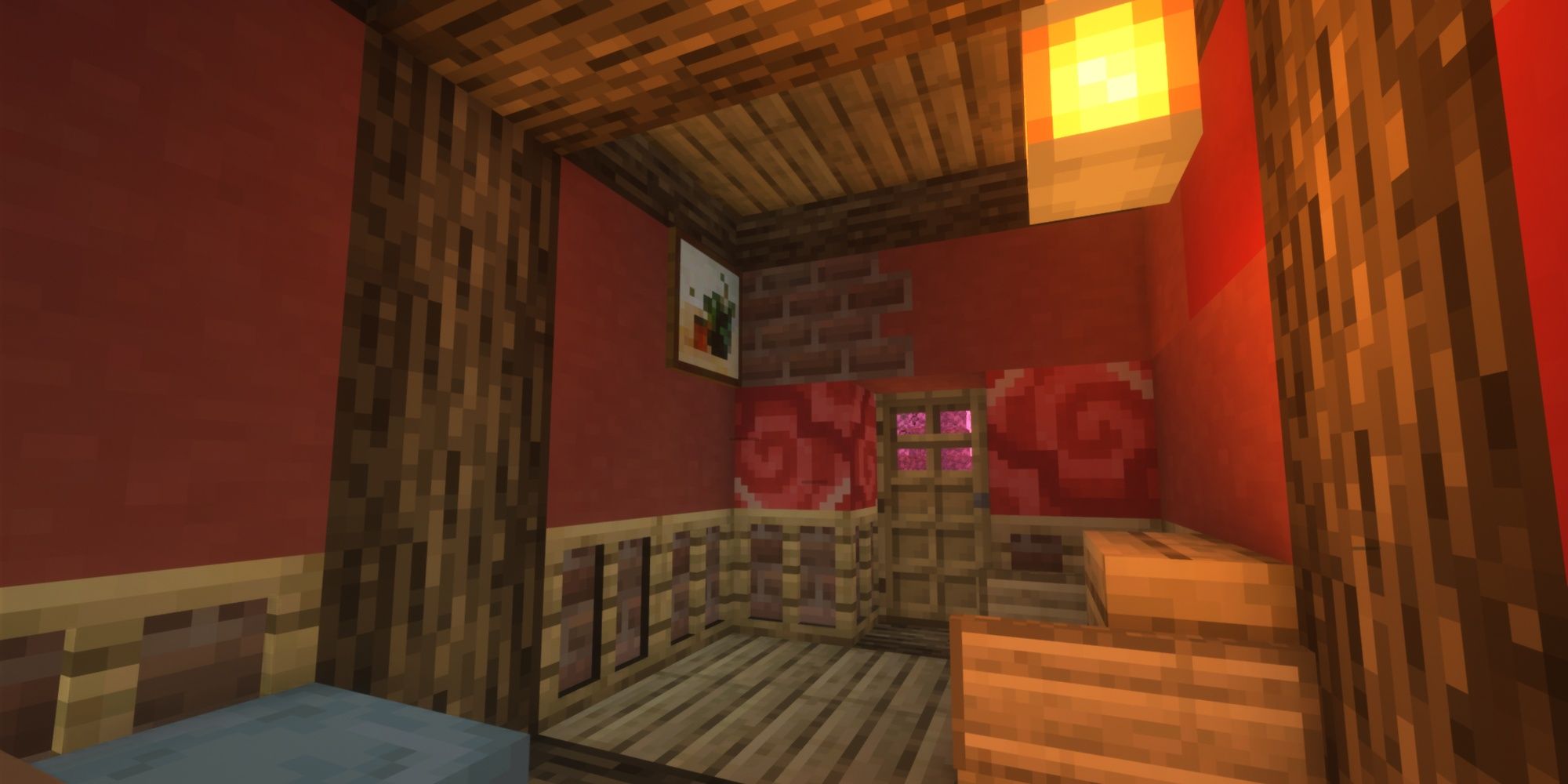 A room in Minecraft made of oak wood, brick, and terracotta.