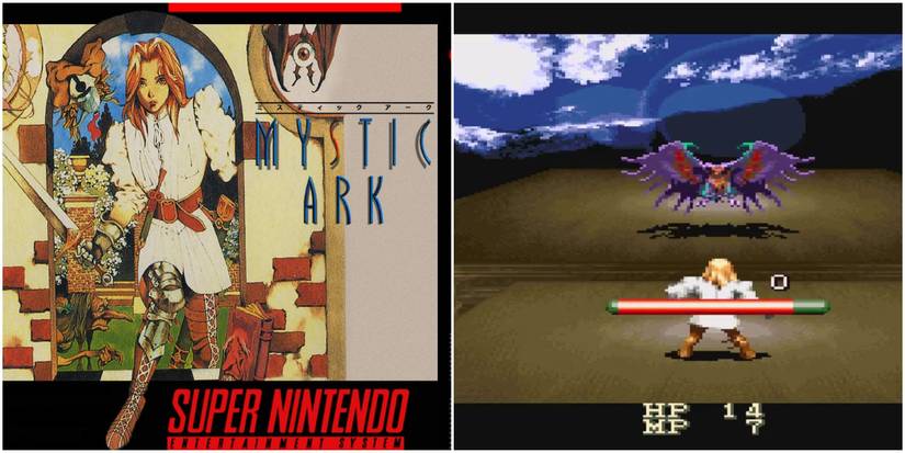 Mistic Ark SNES split image of box art and hero facing off against winged monster