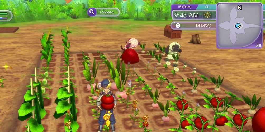 Tamed monsters taking part in farm chores in Rune Factory 5