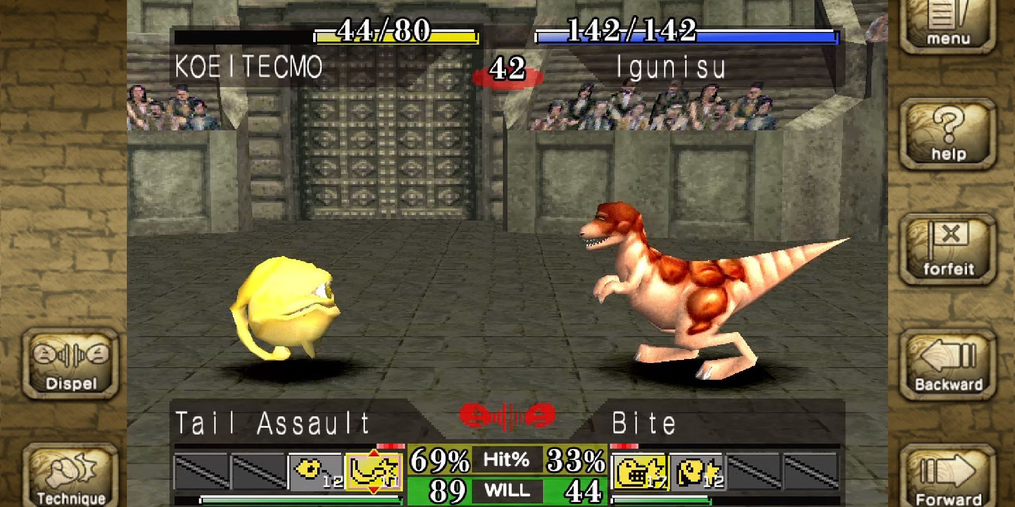 The battle screen from Monster Rancher showing a Pac-Man-esque Koeitechmo monster battling a dinosaur-like Igunisu