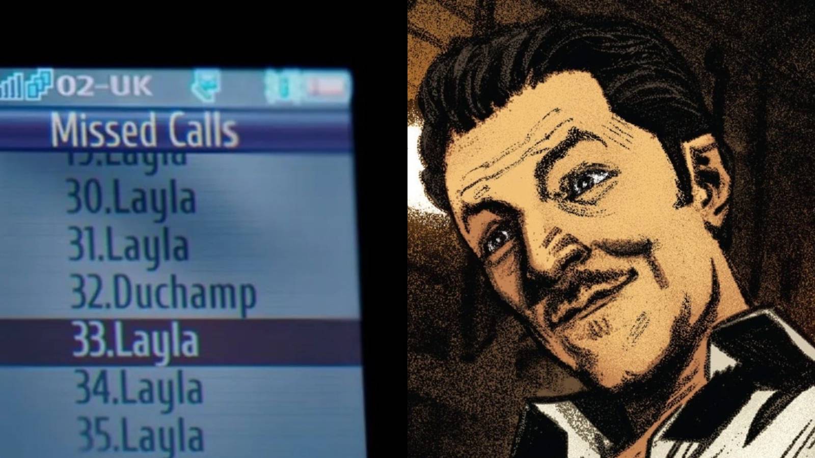 A split image depicts a call log in Moon Knight Episode 1 and Jean Paul Duchamp in Marvel comics