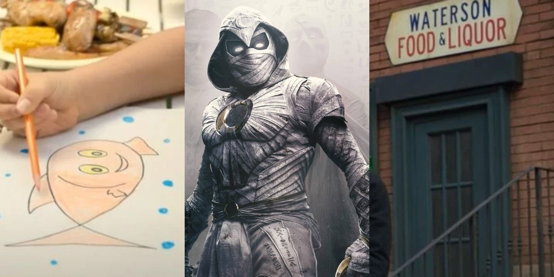 A split image depicts a goldfish drawing, Moon Knight, and Watersons Food & Liquor sign