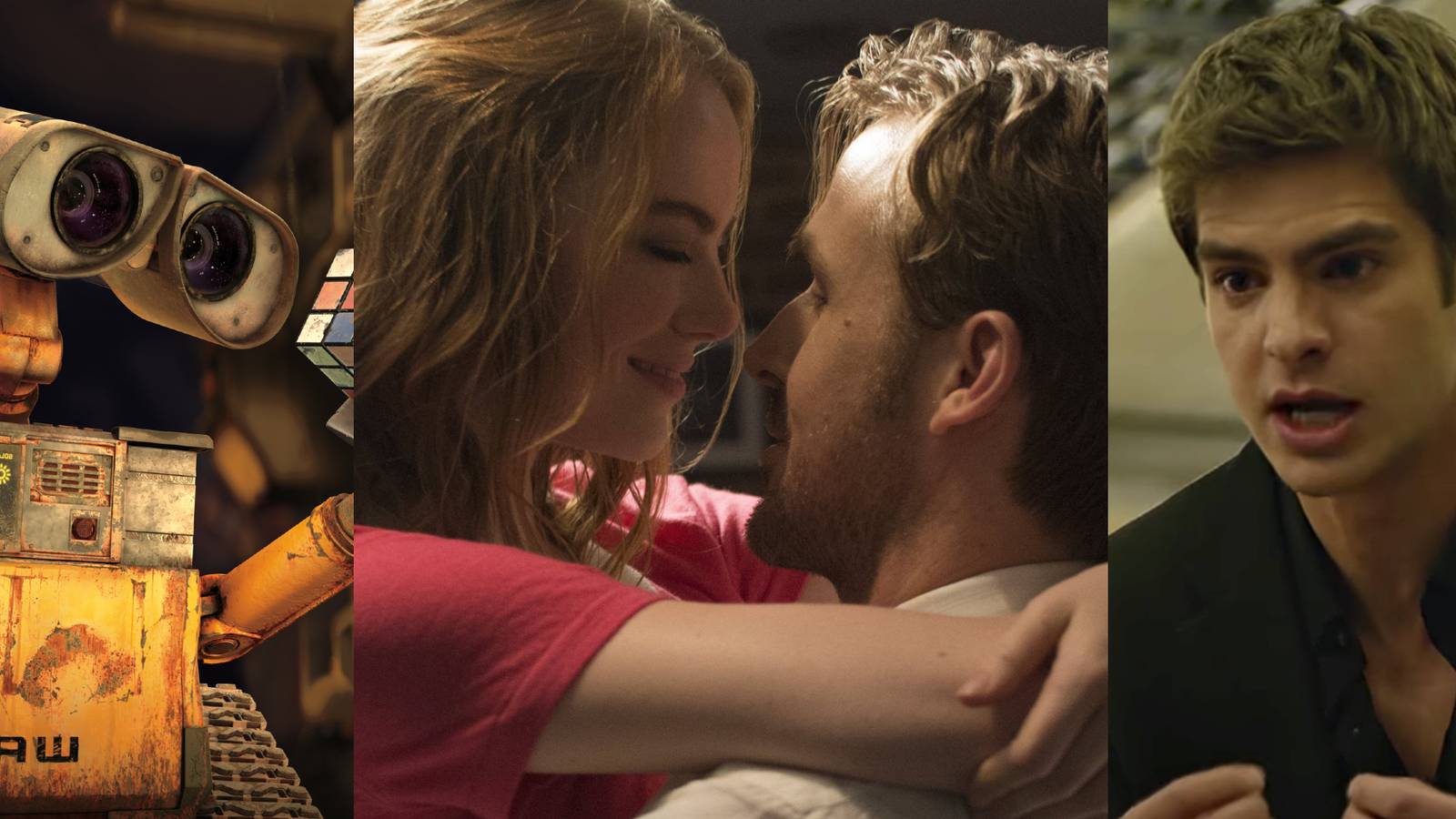 Wall-E staring at a Rubik's cube; Mia embracing Sebastian in La La Land; Eduardo in his iconic rant from The Social Network