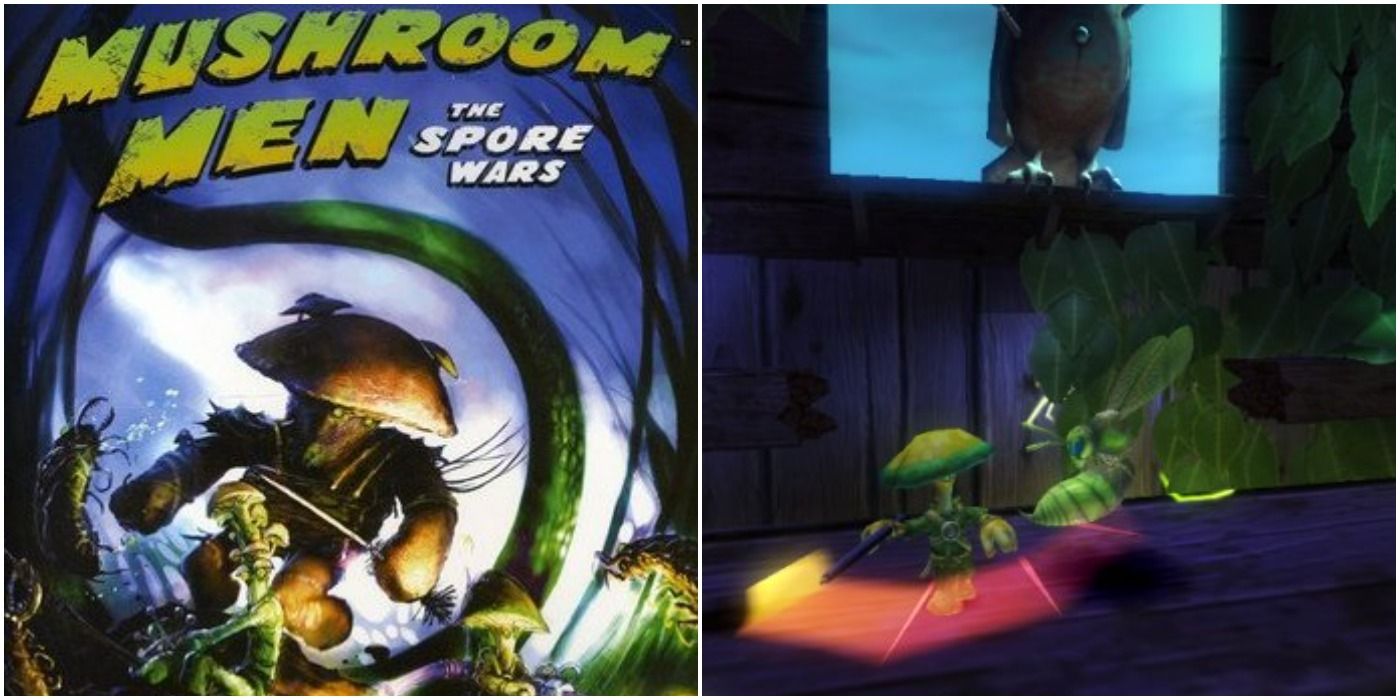 Mushroom Men Spore Wars split image of box art and mushroom swinging at giant insect