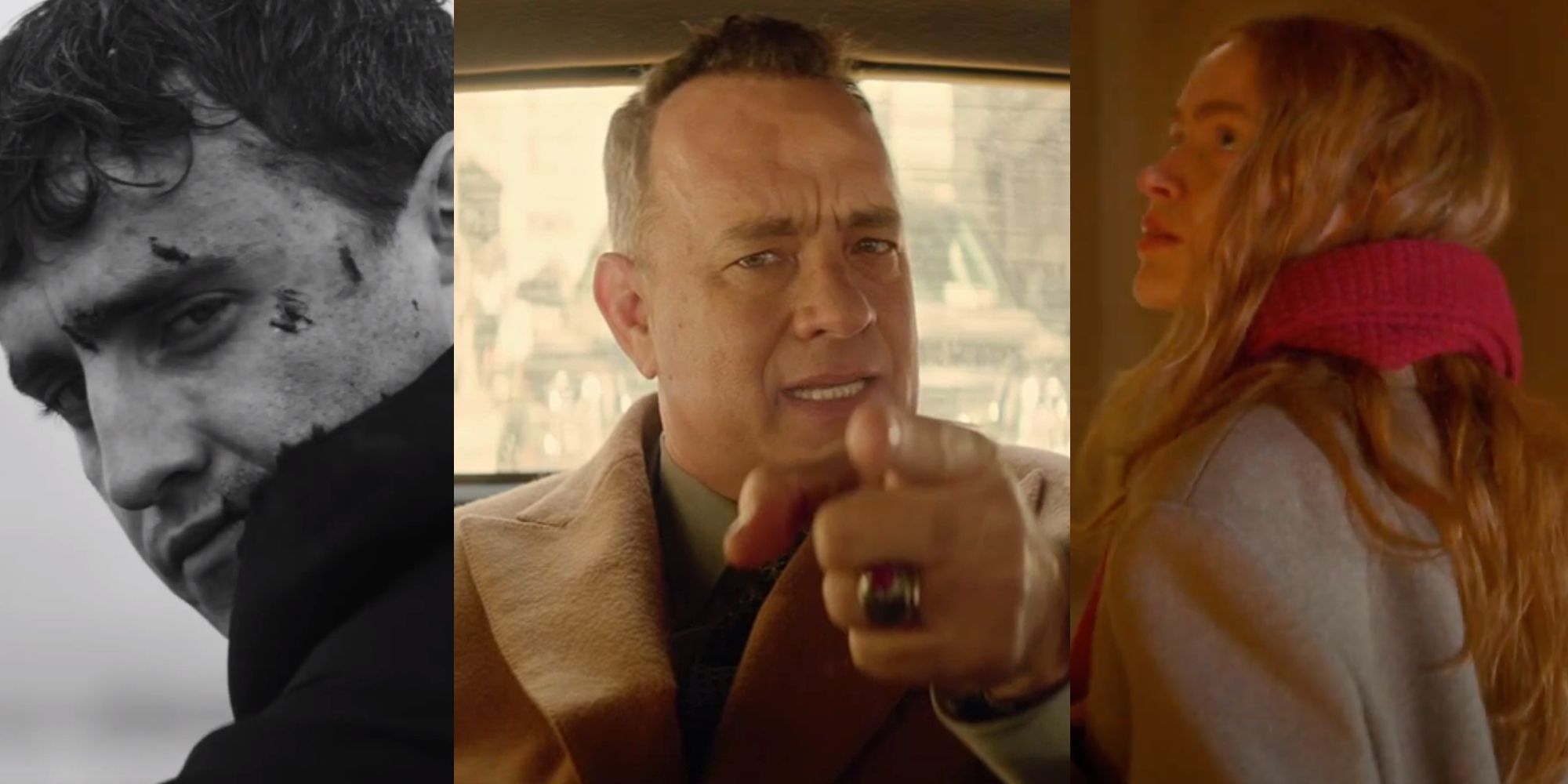 Paul Mescal beaten up in the Savior Complex video; Tom Hanks in a taxi in the I Really Like You video; Sadie Sink wearing a red scarf in the All Too Well video