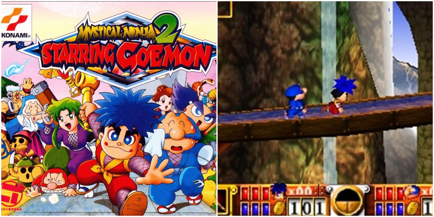 Mystical Ninja 2 Split image of cover and gameplay of Ninja walking across thin elevated path