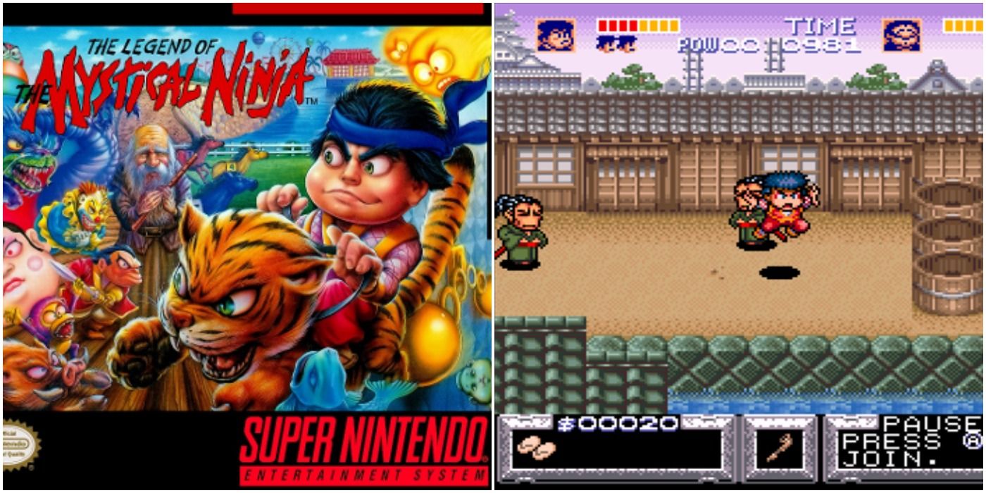 Legend of the Mystical Ninja SNES split image of box art and ninja in Japanese locale leaping