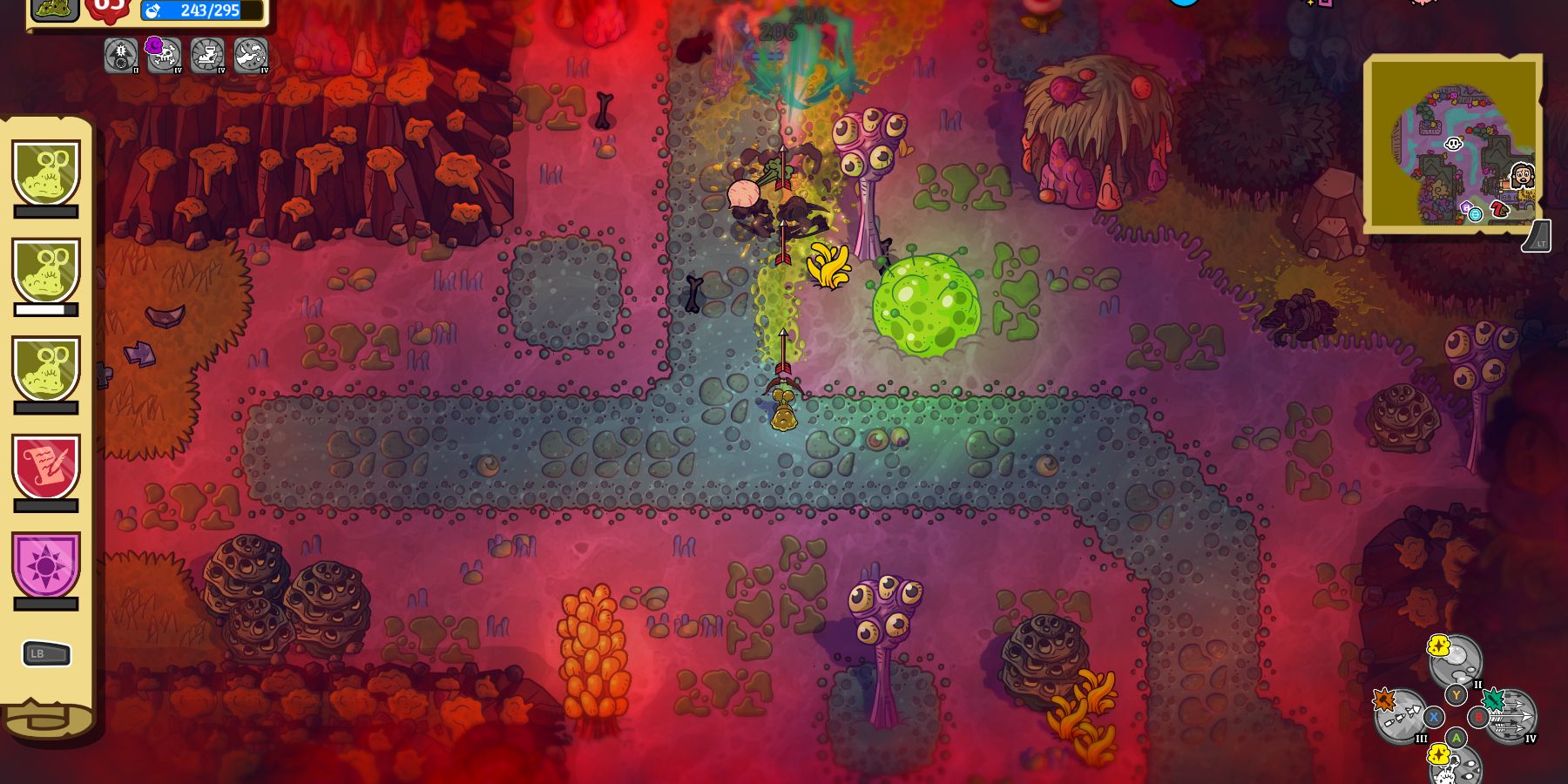 a green slug fires a barrage of arrows at a group of monsters. the surrounding environment is rocky and purplish, with strange, mutated plants all around