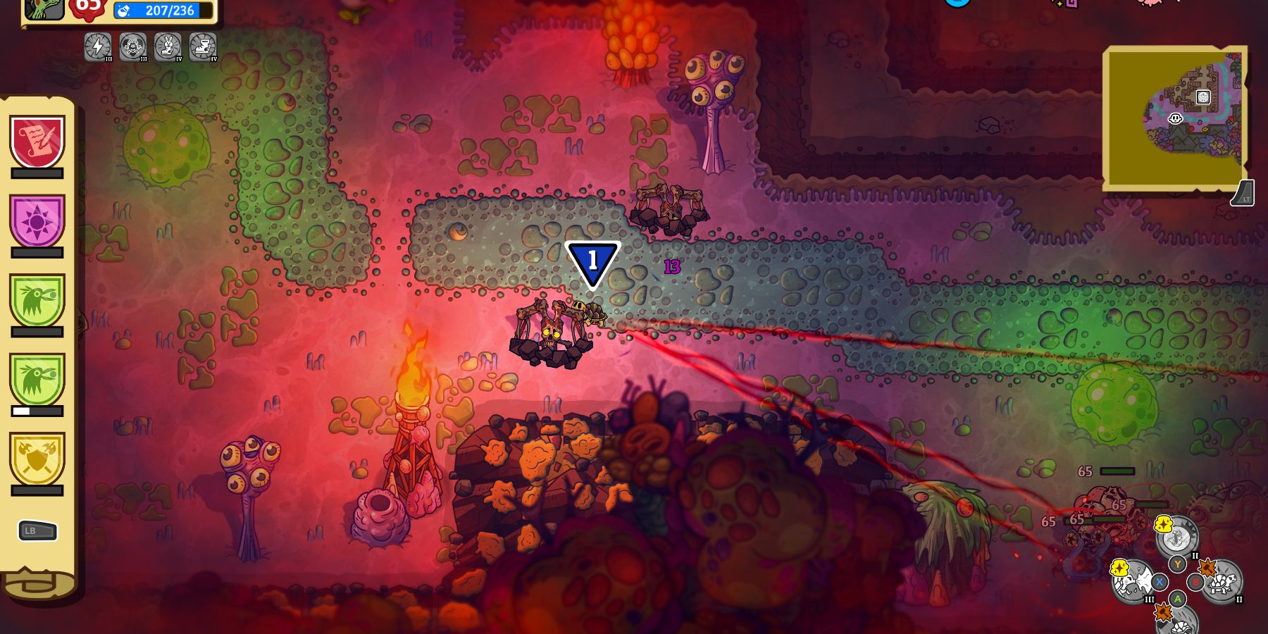 a small turtle next to a spindle-legged monster with a decomposed skull trails three beams of red light from nearby enemies. the world is dimly lit and purplish, with mutated plants and strange, grotesque structures all around