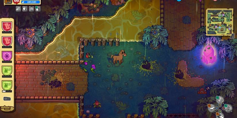 a horse standing in a dreary, jungle clearing with a bundle of flowers flying away behind him as if they'd just been kicked