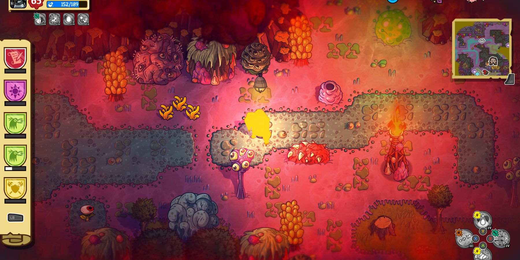 a glowing, yellow robot stands under a suspended incubator light. the surrounding environment is purplish and filled with mutated plants