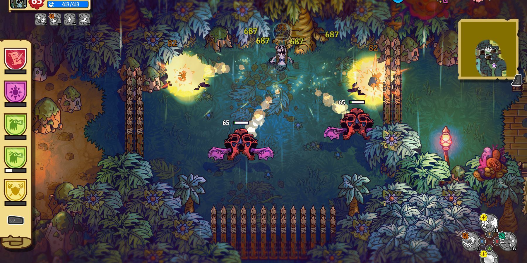 a horrific mermaid stands in the middle of a clearing surrounded by wooden spikes. Several, red, winged, monstrous enemies with red skulls for bodies have been pushed away from her by a powerful attack