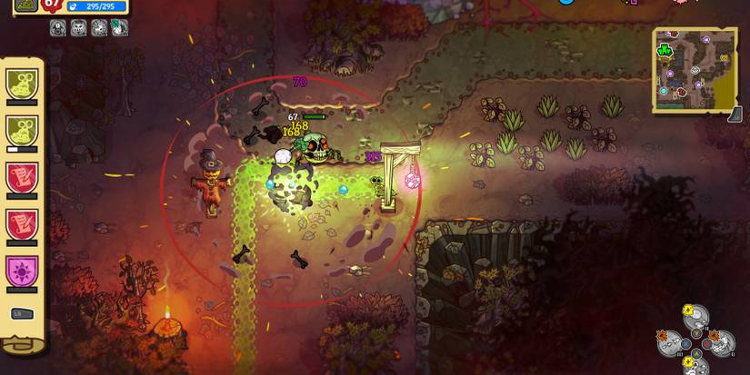 a small green slug fires bubbles at enemies shaped like walking skulls on a dimly lit road. short grass and scarecrow with an orange shirt sit nearby