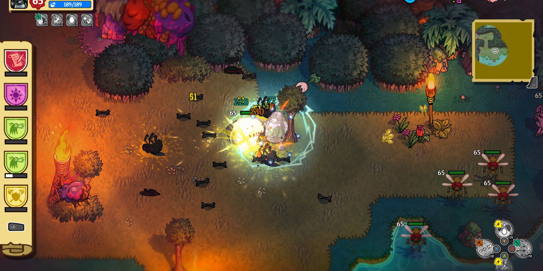 a robot emits a green circle of electricity that damages nearby enemies. Orange and green damage numbers hover over their heads. the environment is green and lush, with flower, trees, bushes, and lit torches. in the bottom right corner another waits group of flying, insect-like enemies
